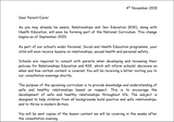 Letter to Parents about Relationships and Sex Education PSHE 2020