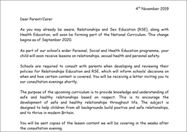 Letter to Parents about Relationships and Sex Education PSHE 2020